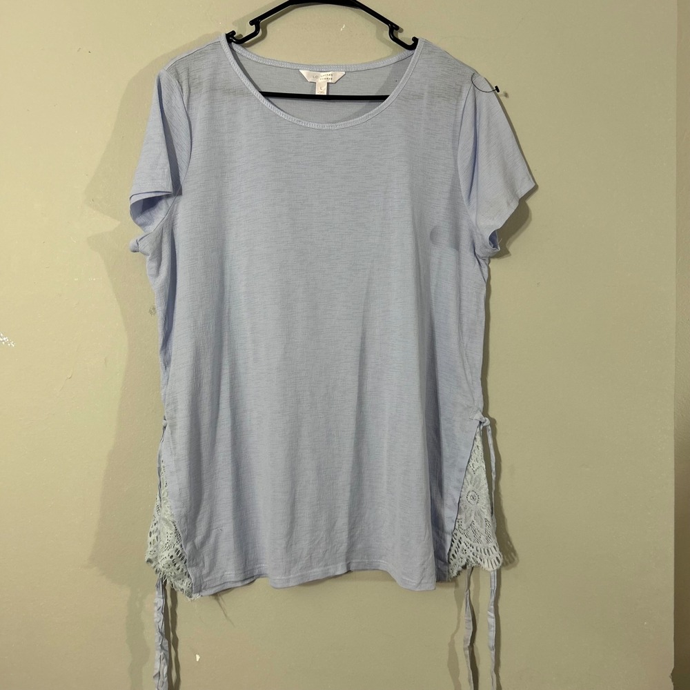 Lauren Conrad Lace Trim Tie Side Tunic Top Womens Size L Light Blue Casual‎